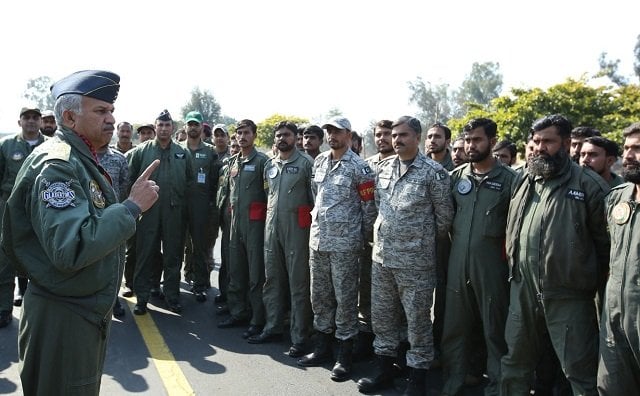 air cheif marshal mujahid anwar khan chief of the air staff pakistan air force addressing the combat crew during his visit to forward operating airbase of pakistan air force photo paf