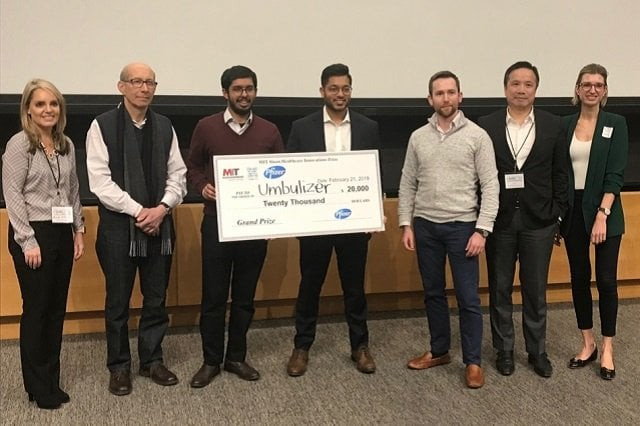 umbulizer founders shaheer piracha and harvard medical school student sanchay gupta pose with the judges photo mit news