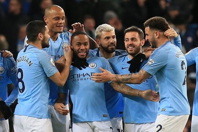 manchester city 039 s english midfielder raheem sterling c celebrates scoring his first goal with teammates during the english premier league football match between manchester city and watford at the etihad stadium in manchester photo afp