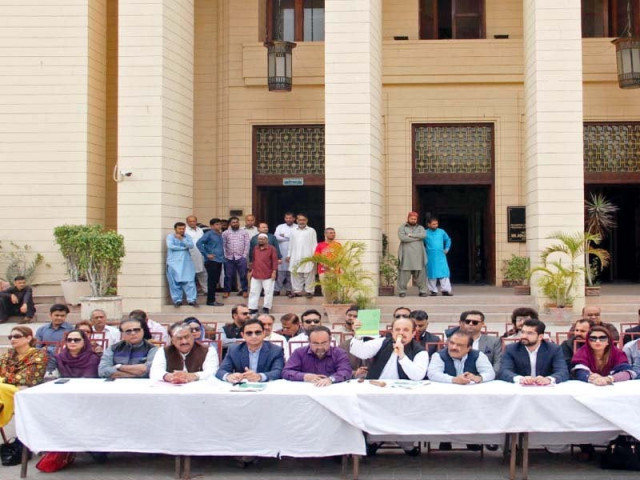 opposition members boycotted the sindh assembly session on tuesday and sat outside the building to address a press conference instead photo ppi opposition members boycotted the sindh assembly session on tuesday and sat outside the building to address a press conference instead photo ppi