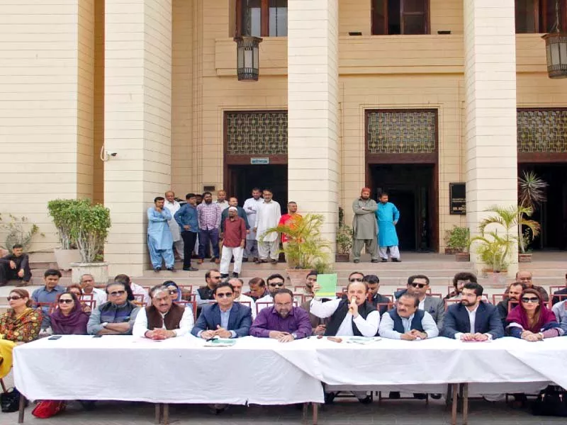 opposition members boycotted the sindh assembly session on tuesday and sat outside the building to address a press conference instead photo ppi opposition members boycotted the sindh assembly session on tuesday and sat outside the building to address a press conference instead photo ppi
