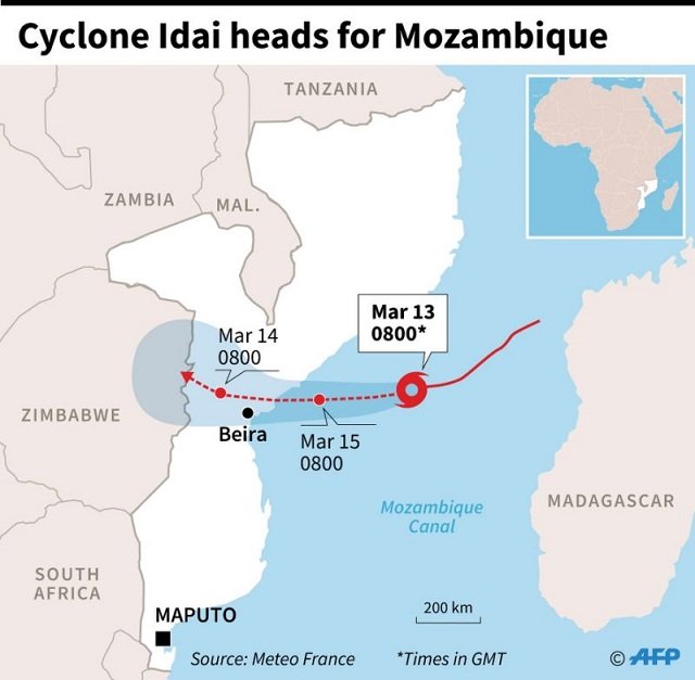 map showing the forecast path of cyclone idai which is heading for mozambique photo afp