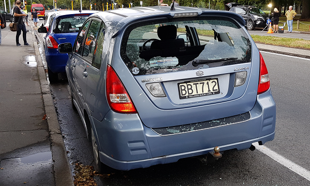 a car with shattered windows is parked close to the mosque after a gunman filming himself firing at worshippers inside in christchurch photo afp