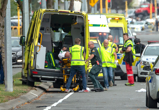 an injured person is loaded into an ambulance following a shooting at the al noor mosque in christchurch new zealand march 15 2019 photo afp