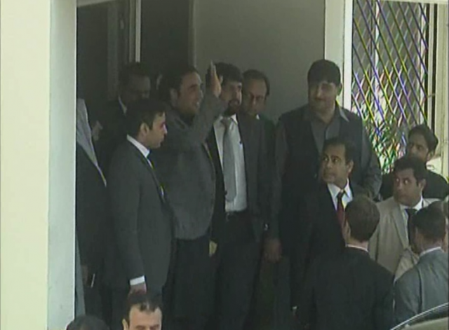 bilawal waves to supporters after leaving nab premises photo express