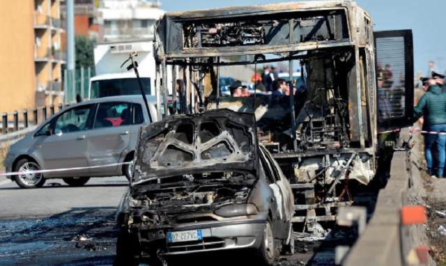 italy driver hijacks torches school bus carrying dozens of children