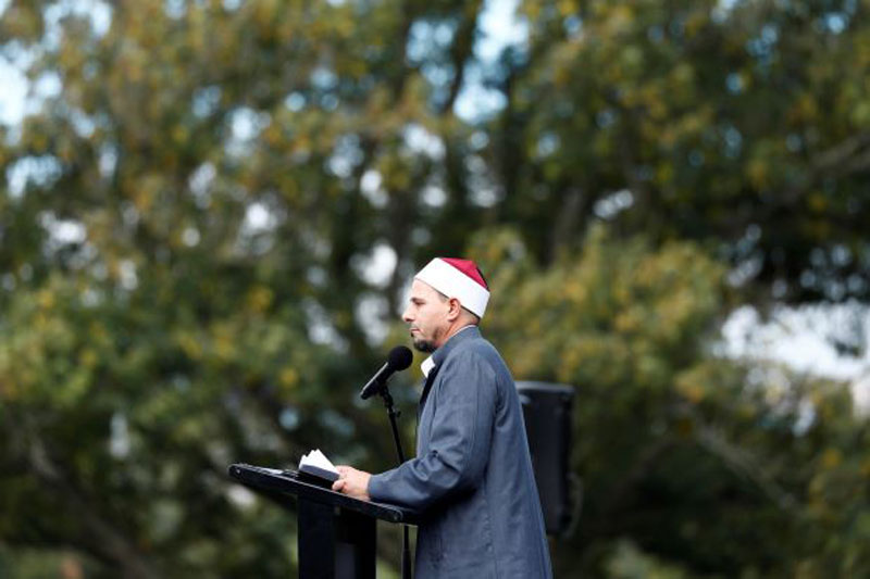 al noor mosque imam gamal fouda leads a friday prayer at hagley park outside al noor mosque in christchurch new zealand march 22 2019 photo reuters