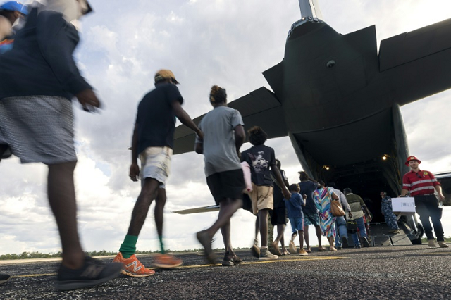 residents of mcarthur river a remote town in the northern territory boarding an australian military plane as authorities evacuate communities in the path of a powerful cyclone photo afp residents of mcarthur river a remote town in the northern territory boarding an australian military plane as authorities evacuate communities in the path of a powerful cyclone photo afp