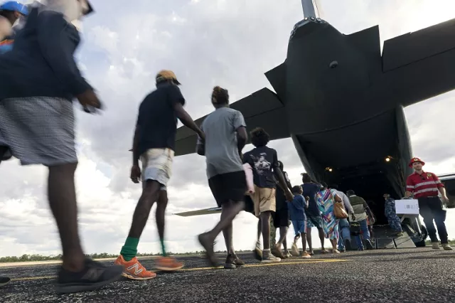 residents of mcarthur river a remote town in the northern territory boarding an australian military plane as authorities evacuate communities in the path of a powerful cyclone photo afp residents of mcarthur river a remote town in the northern territory boarding an australian military plane as authorities evacuate communities in the path of a powerful cyclone photo afp
