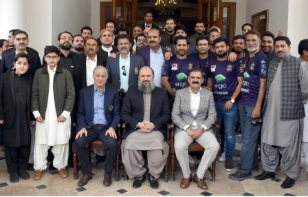 quetta gladiators team in group photo with chief minister jam kamal commandant southern command asim saleem bajwa and other minister during a two day visit to quetta photo express