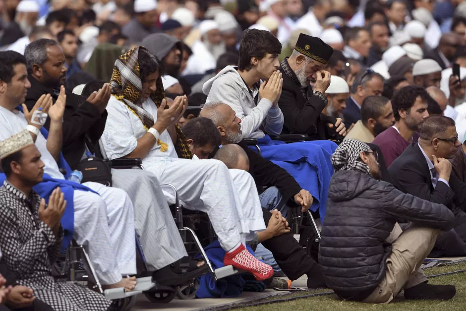 injured people from the shootings pray during congregational friday prayers and two minutes of silence for victims of the twin mosque massacre at hagley park in christchurch photo afp injured people from the shootings pray during congregational friday prayers and two minutes of silence for victims of the twin mosque massacre at hagley park in christchurch photo afp