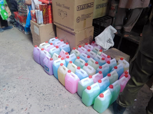 a large number of bottles filled with counterfeit liquid soap were recovered in the nankari bazar raid photo express