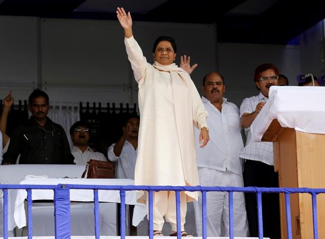 the bahujan samaj party bsp chief mayawati waves to her supporters during an election campaign rally on the occasion of the death anniversary of kanshi ram founder of bsp in lucknow india photo reuters