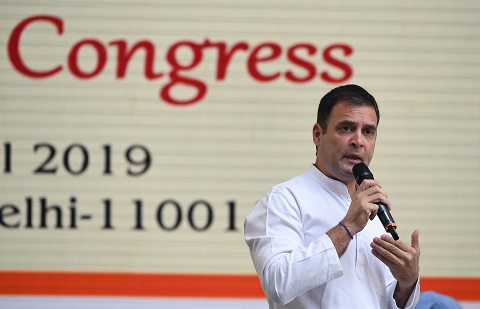 indian national congress party president rahul gandhi addresses supporters at an event to unveil the party 039 s election manifesto photo afp