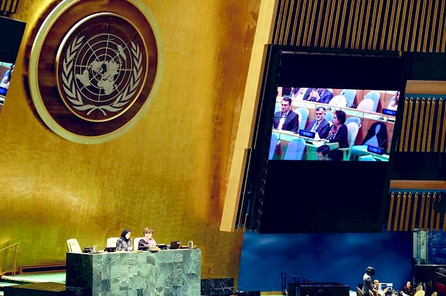 pakistan 039 s un representative maleeha lodhi addresses a unga session photo twitter