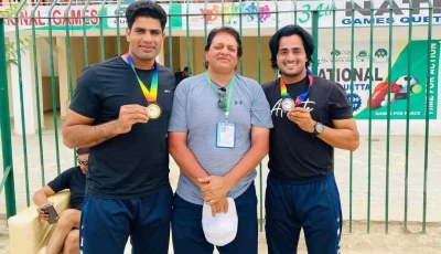 arshad nadeem left fayyaz bukhari centre and mohammad yasir sultan right pose for photograph after the athletes won medals for wapda at the quetta national games in 2023 photo the express tribune
