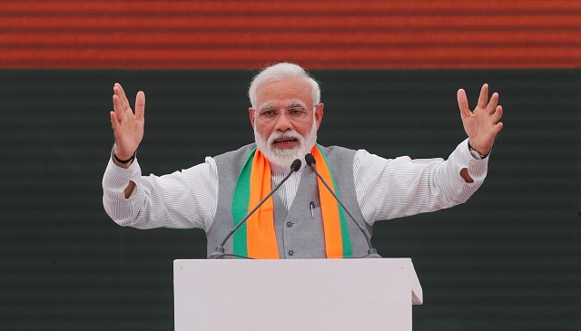 indian prime minister narendra modi gestures as he speaks after releasing india 039 s ruling bharatiya janata party bjp 039 s election manifesto for the april may general election in new delhi india april 8 2019 photo reuters