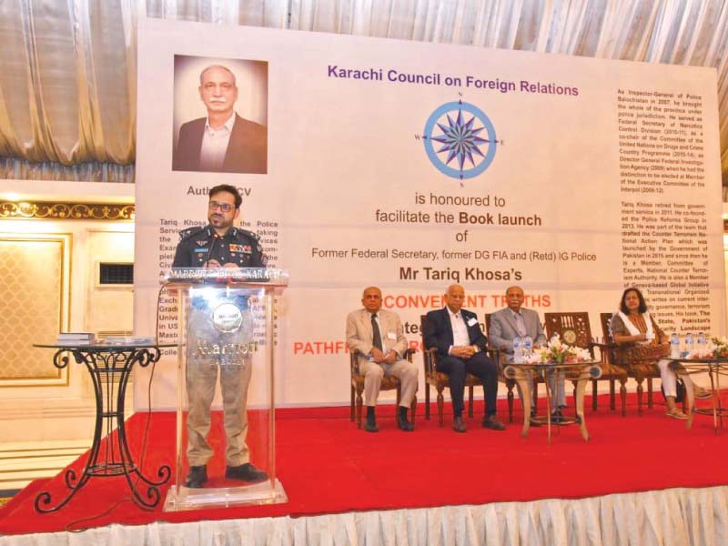 the sindh igp dr kaleem imam takes to the podium to share his thoughts on the inconvenient truths by the former igp tariq khosa on friday photo express