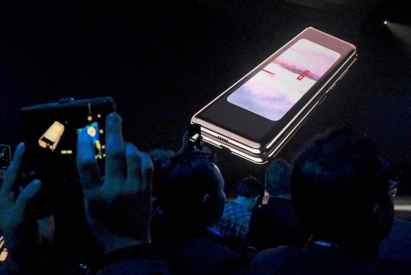 file photo the samsung galaxy fold phone is shown on a screen at samsung electronics co ltd s unpacked event in san francisco california u s feb 20 2019 photo reuters