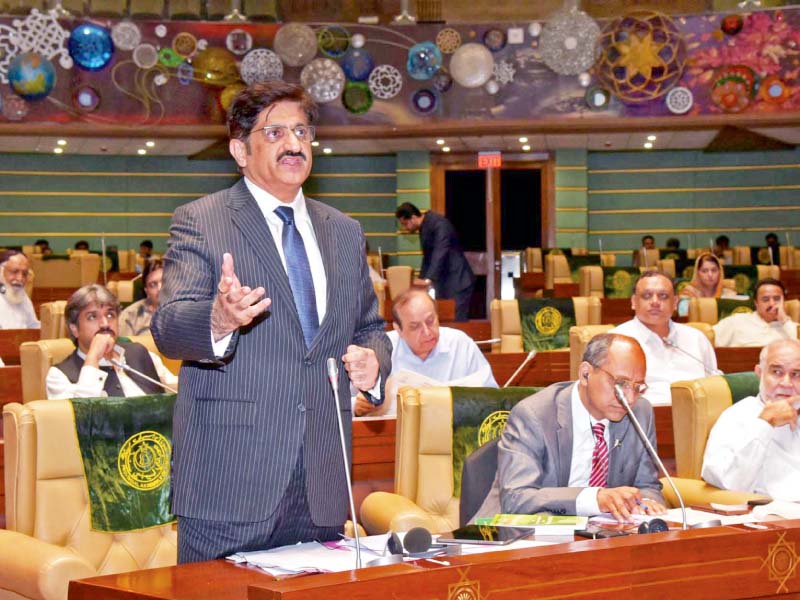 sindh chief minister syed murad ali shah representing the law department speaks at the assembly session held on monday photo ppi