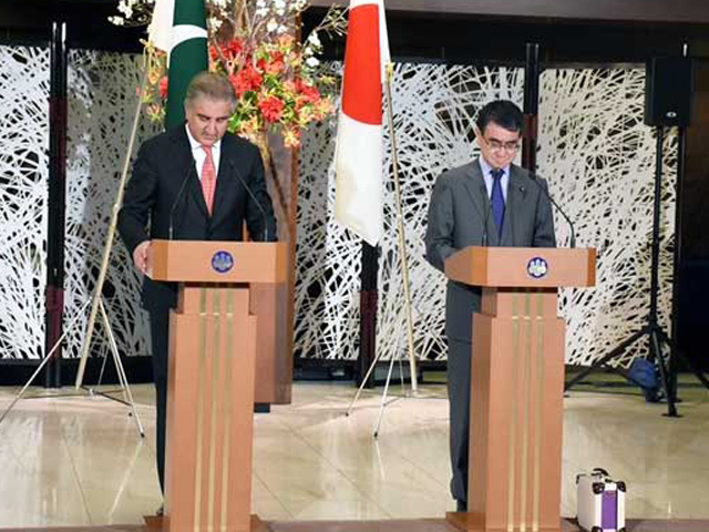 fm qureshi his japanese counterpart taro kono address a joint press conference in tokyo photo radio pakistan