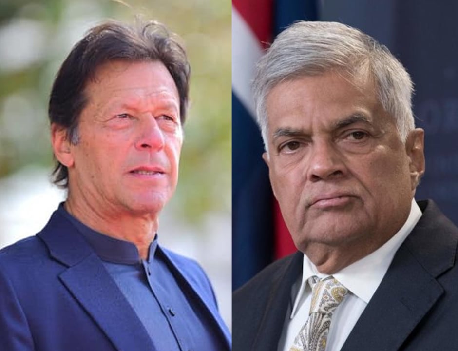 a collage of pm imran and sri lankan pm ranil wickremesinghe photo express