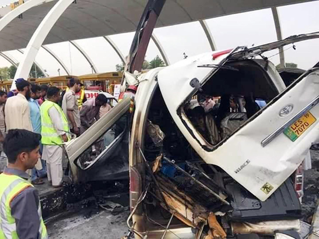 motorway police say passenger van catches fire after hitting walls of naseerabad toll plaza on monday photo online