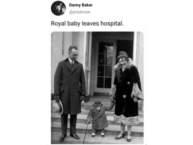 tweet shows image of couple holding hands with a chimpanzee dressed in clothes with the caption 039 royal baby leaves hospital 039 photo courtesy twitter dannybaker tweet shows image of couple holding hands with a chimpanzee dressed in clothes with the caption 039 royal baby leaves hospital 039 photo courtesy twitter dannybaker