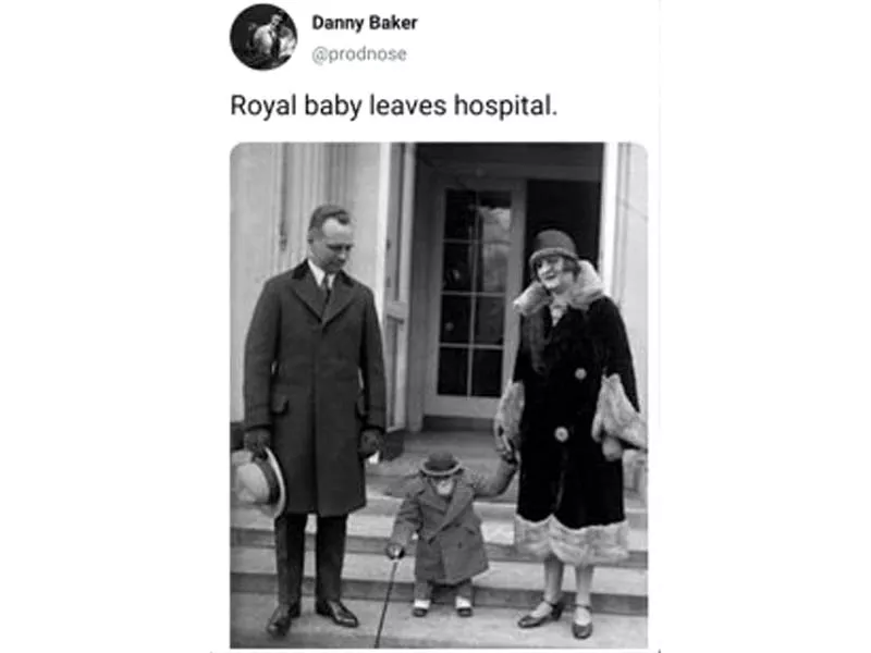 tweet shows image of couple holding hands with a chimpanzee dressed in clothes with the caption 039 royal baby leaves hospital 039 photo courtesy twitter dannybaker tweet shows image of couple holding hands with a chimpanzee dressed in clothes with the caption 039 royal baby leaves hospital 039 photo courtesy twitter dannybaker