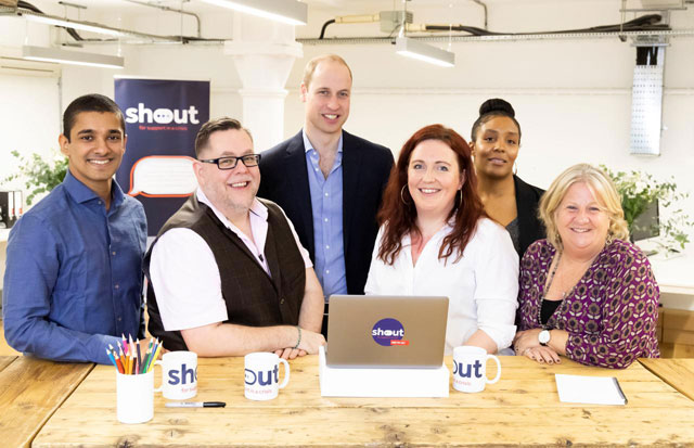 britain s prince william meets mathew kollamkulam michael kitching jo irwin amanda brown bennet and carol keith who are crisis volunteers working with shout a free text messaging service which aims to provide 24 7 support for anyone experiencing mental health crisis in london britain in this undated handout photo released may 9 2019 photo reuters