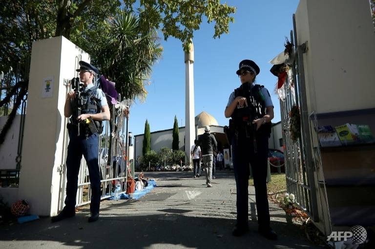 armed police stand guard outside the al noor mosque in christchurch photo afp