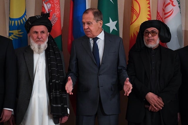 file photo of russian foreign minister sergei lavrov and representatives of both the afghan government and the taliban credits afp