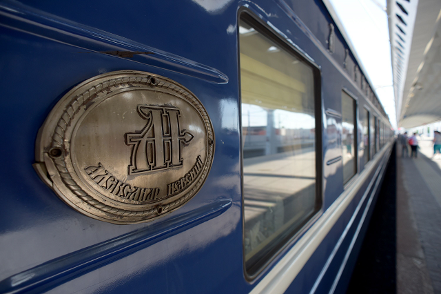 a close view of a car of the first tourist train passing through russia 039 s arctic regions to norway as it prepares to leave saint petersburg for a 11 day trip with 91 passengers on board june 5 2019 photo afp