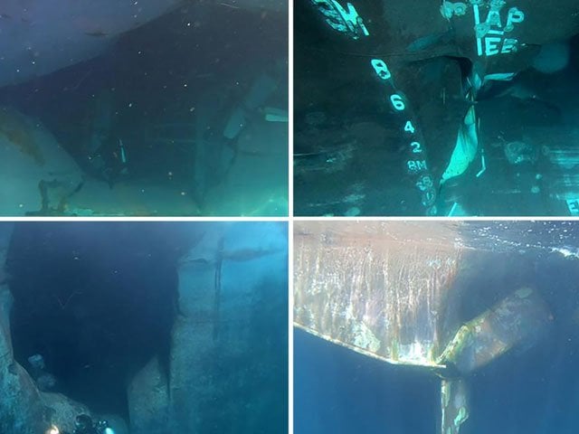 a combination of undated photographs provided june 6 2019 by the united arab emirates mission to the united nations show underwater damage to the clockwise from top left saudi arabian tanker amjad saudi arabian tanker al marzoqah norwegian tanker andrea victory and emirati vessel a michel in the port of fujairah photo reuters