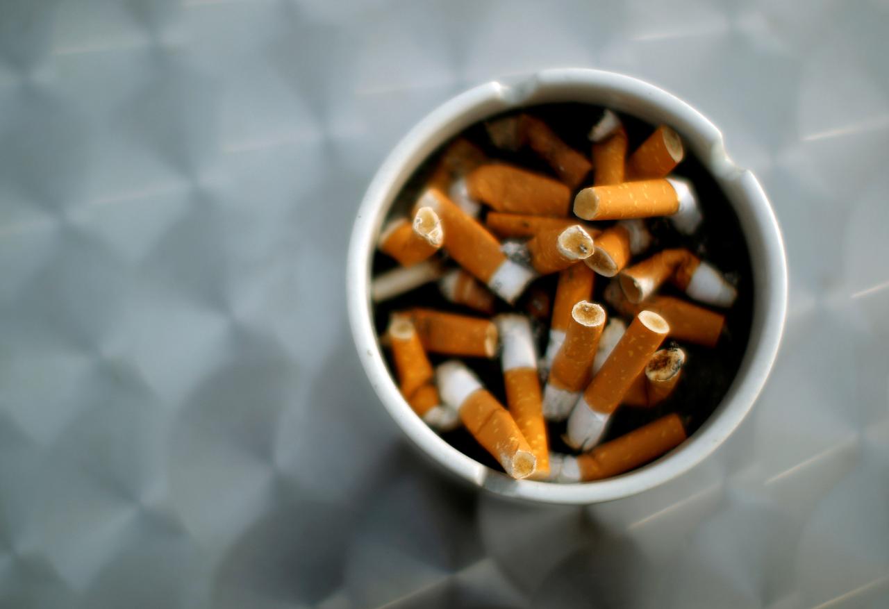 a reuters file photo showing ash tray with cigarette butts