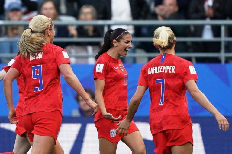 alex morgan starred with five goals rose lavelle and samantha mewis netted twice each and lindsey horan megan rapinoe mallory pugh and carli lloyd also got on the scoresheet in an embarrassingly one sided group f encounter watched by more than 18 000 photo afp