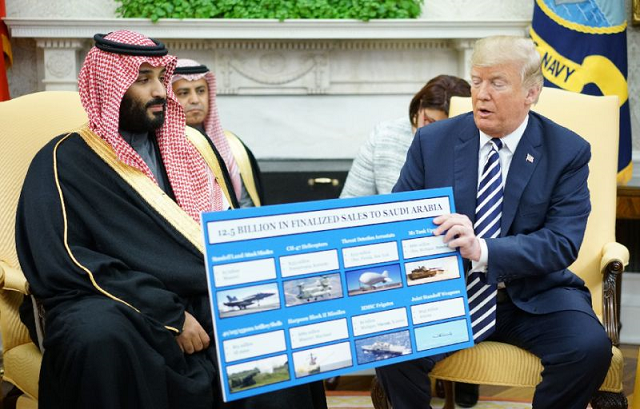 us president donald trump r is seen holding a defense sales chart with crown prince mohammed bin salman of saudi arabia a country to which us lawmakers have expressed concern about selling weapons that might be used against yemeni civilians photo afp