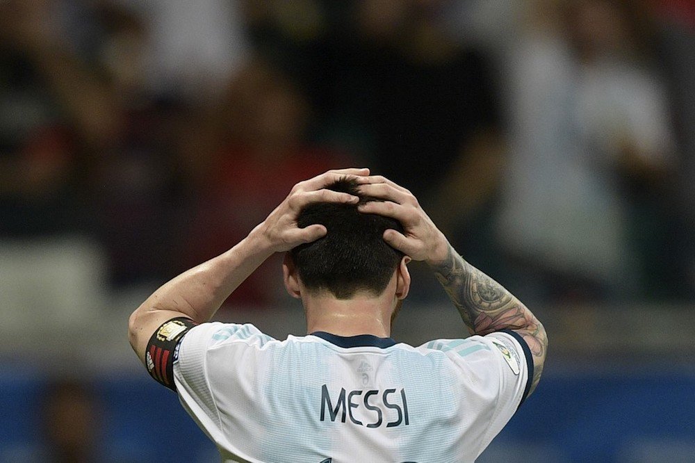 argentina 039 s lionel messi gestures after missing a goal opportunity against colombia during their copa america football tournament group match at the fonte nova arena in salvador brazil on june 15 2019 photo afp