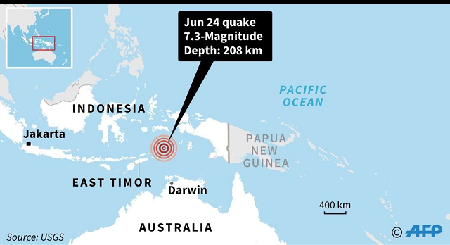 map showing the epicentre of a 7 3 magnitude quake in indonesia on monday photo afp