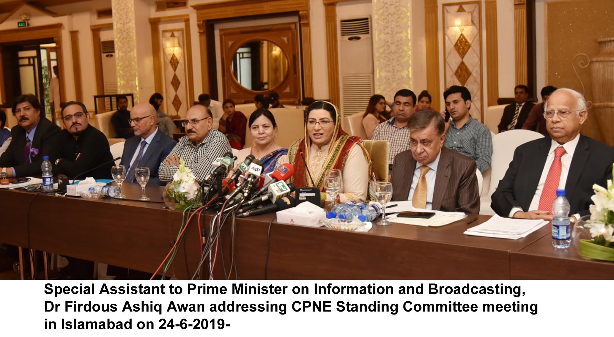 special assistant to prime minister on information and broadcasting dr firdous ashiq awan addressing cpne standing committee meeting in islamabad on monday photo pid