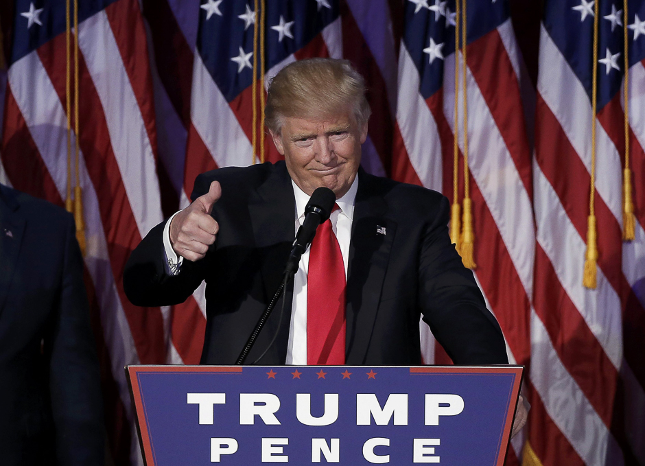 President-elect Donald Trump greets supporters during his election night rally in Manhattan. PHOTO: REUTERS