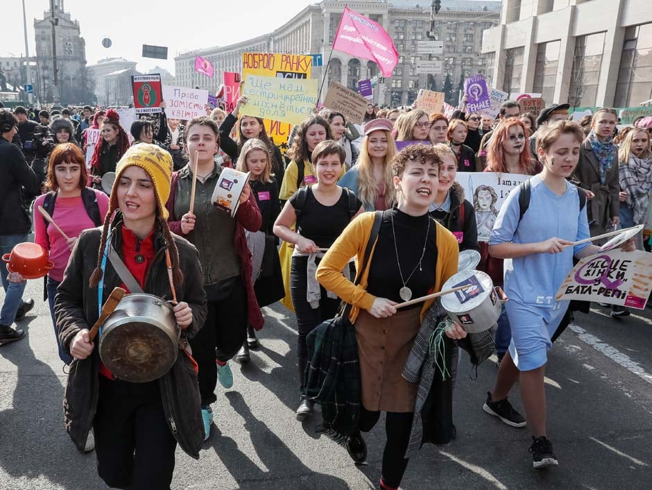 Activists attend a rally for gender equality and against violence towards women on the International Women's Day in Kiev, Ukraine. PHOTO: REUTERS