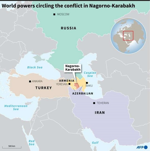 Map of the Caucasus and surrounding region showing the world powers circling Nagorno-Karabakh. PHOTO: AFP