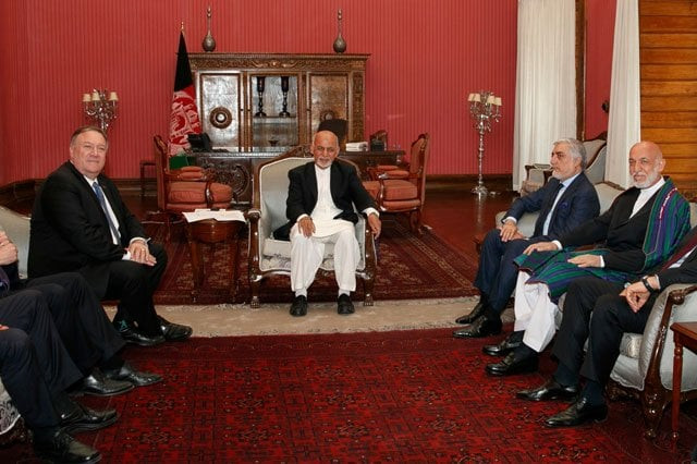 secretary of state mike pompeo meets with afghan president ashraf ghani afghan chief executive officer abdullah abdullah and former afghan president hamid karzai right at the presidential palace in kabul afghanistan tuesday june 25 2019 during an unannounced stop photo afp secretary of state mike pompeo meets with afghan president ashraf ghani afghan chief executive officer abdullah abdullah and former afghan president hamid karzai right at the presidential palace in kabul afghanistan tuesday june 25 2019 during an unannounced stop photo afp
