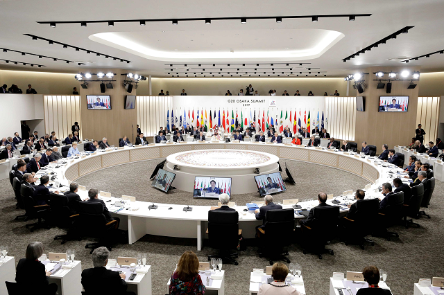 shinzo abe japan 039 s prime minister c speaks during a working lunch at the g20 summit in osaka on june 28 2019 photo afp