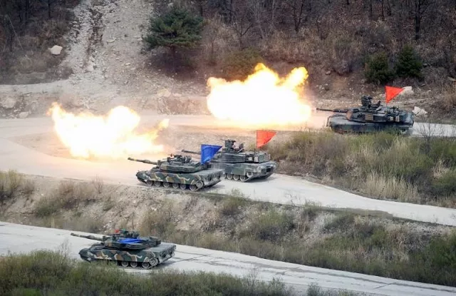 south korean army k1a1 and u s army m1a2 tanks fire live rounds during a u s south korea joint live fire military exercise at a training field near the dmz in pocheon representational image of us m1a2 tanks photo reuters south korean army k1a1 and u s army m1a2 tanks fire live rounds during a u s south korea joint live fire military exercise at a training field near the dmz in pocheon representational image of us m1a2 tanks photo reuters