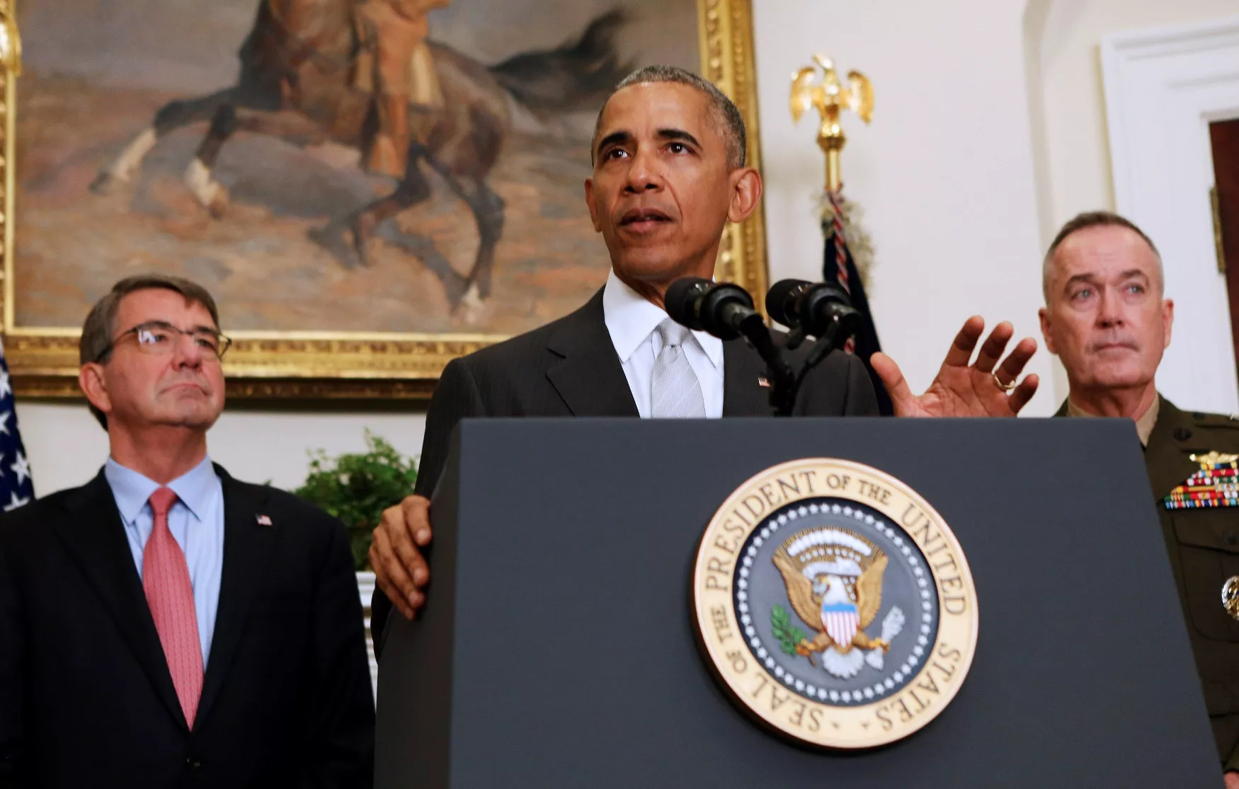 us president barack obama surrounded by us secretary of defense ash carter l and the chairman of the joint chiefs of staff usmc general joseph dunford jr r delivers a statement from the roosevelt room on afghanistan at the white house in washington us july 6 2016 photo reuters us president barack obama surrounded by us secretary of defense ash carter l and the chairman of the joint chiefs of staff usmc general joseph dunford jr r delivers a statement from the roosevelt room on afghanistan at the white house in washington us july 6 2016 photo reuters