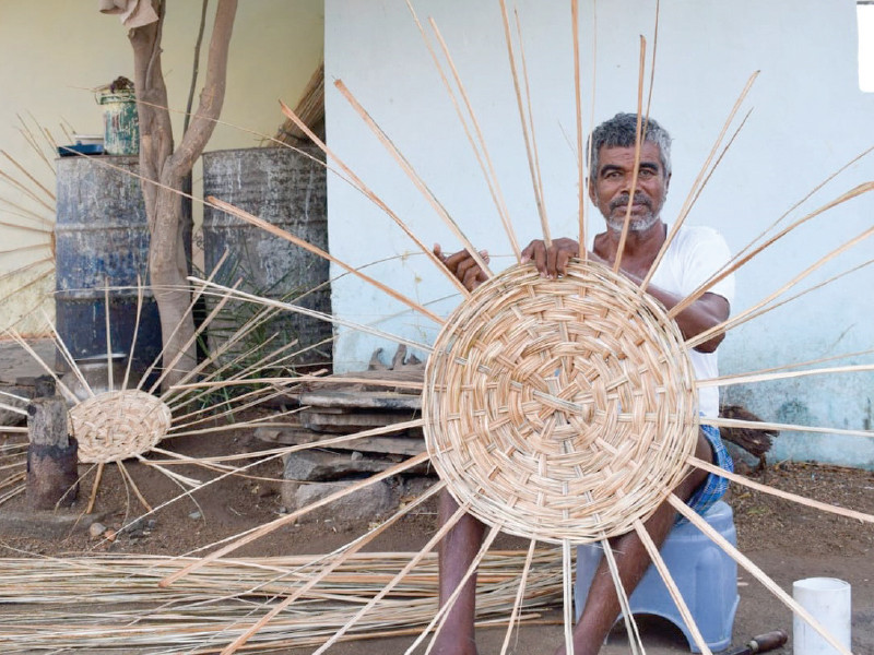 a worker weaves baskets with twigs known as khari photo express