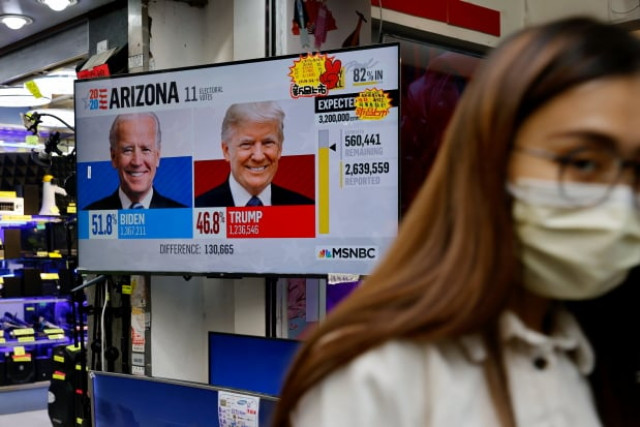 a news report of the u s presidential election is seen on television screen in hong kong china november 4 2020 reuters a news report of the u s presidential election is seen on television screen in hong kong china november 4 2020 reuters
