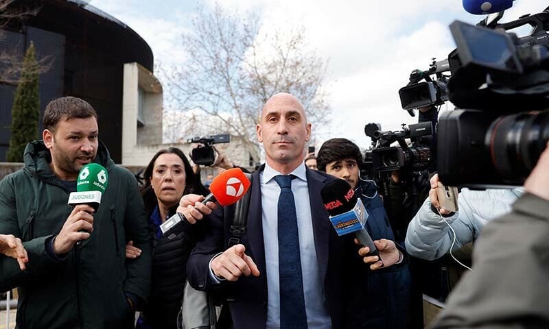 former president of the spanish football federation luis rubiales accused of sexual assault and coercion over a forcible kiss leaves after taking the stand during his trial at the court of san fernando de henares east of madrid spain in this file photo from february 11 2025 photo afp